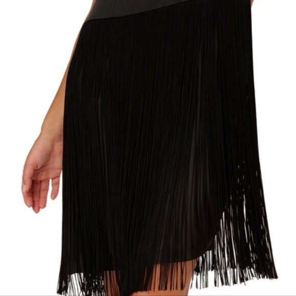 Liv Foster Mock Neck Sleeveless Midi Asymmetrical Fringe Crepe Dress Size 8 New - Picture 13 of 16